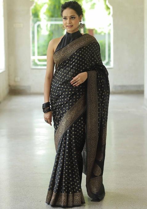 Black Embroidery Silk Saree With Blouse