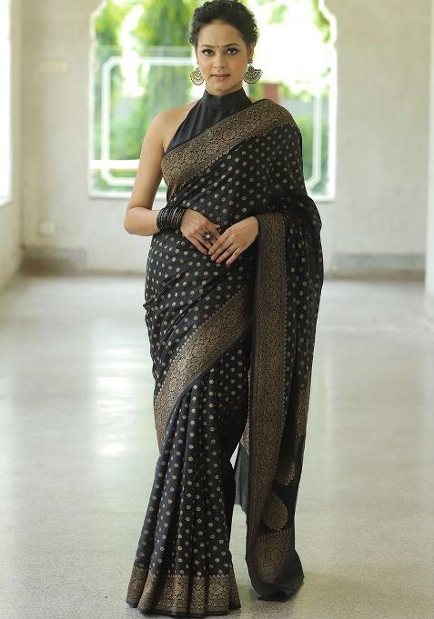 Black Embroidery Silk Saree With Blouse