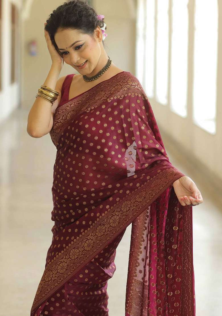 Wine Embroidery Silk Blend Saree With Blouse for Diwali and Festive Wear - Indya