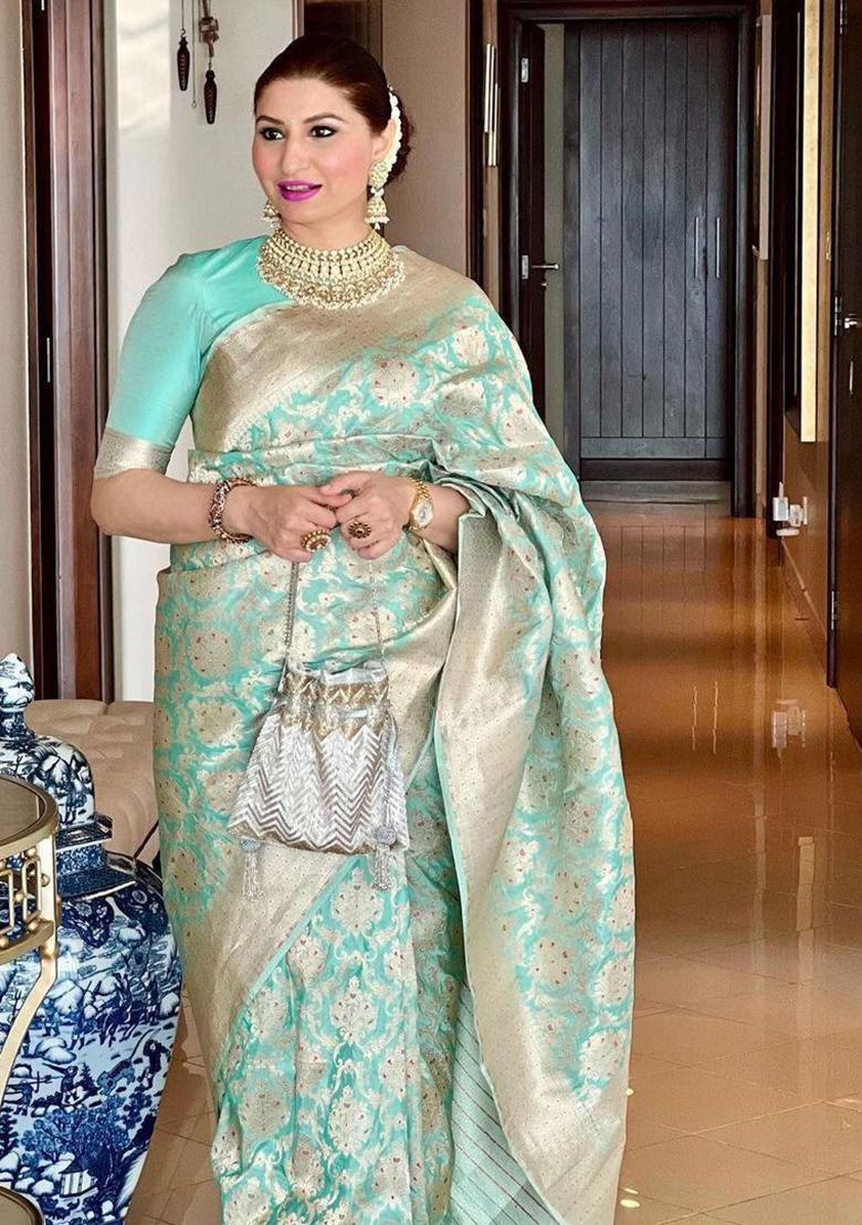 Mint Green Embroidery Silk Saree With Blouse