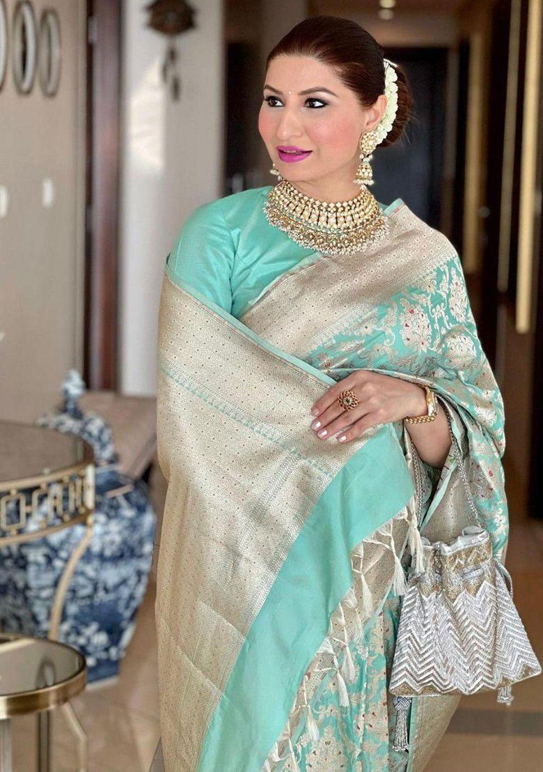 Mint Green Embroidery Silk Saree With Blouse - Indya