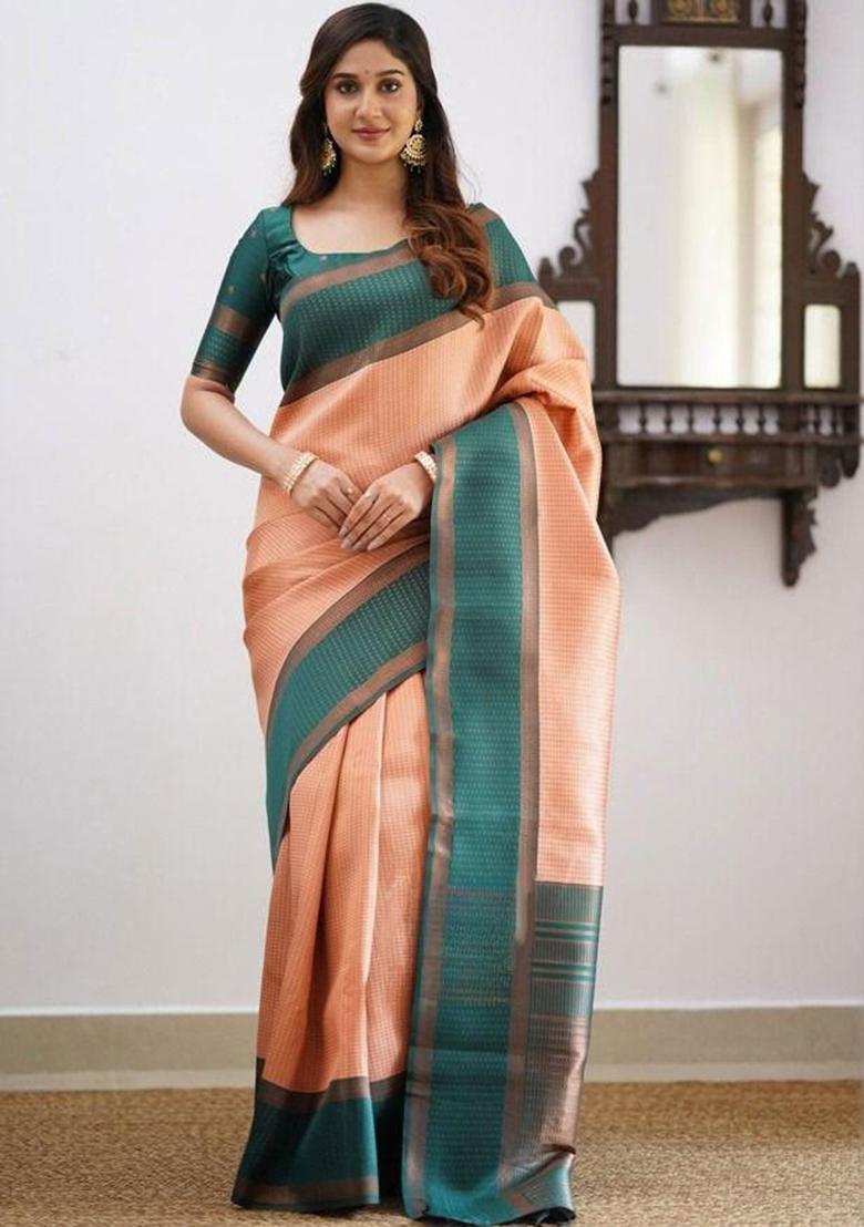 Peach Embroidery Silk Saree With Blouse - Indya