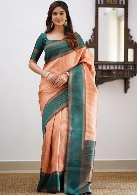 Peach Embroidery Silk Saree With Blouse