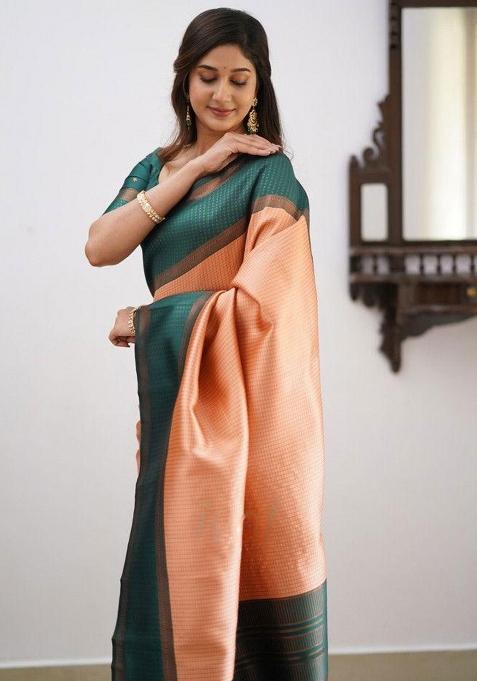 Peach Embroidery Silk Saree With Blouse