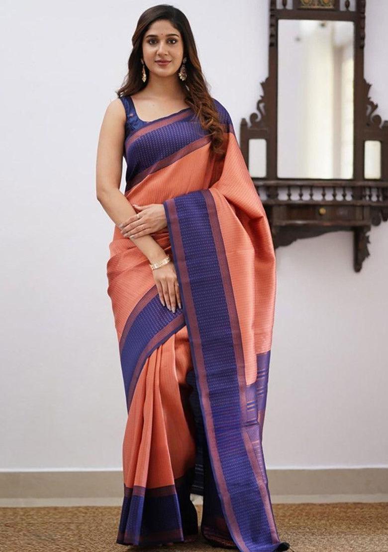 Peach Embroidery Silk Saree With Blouse