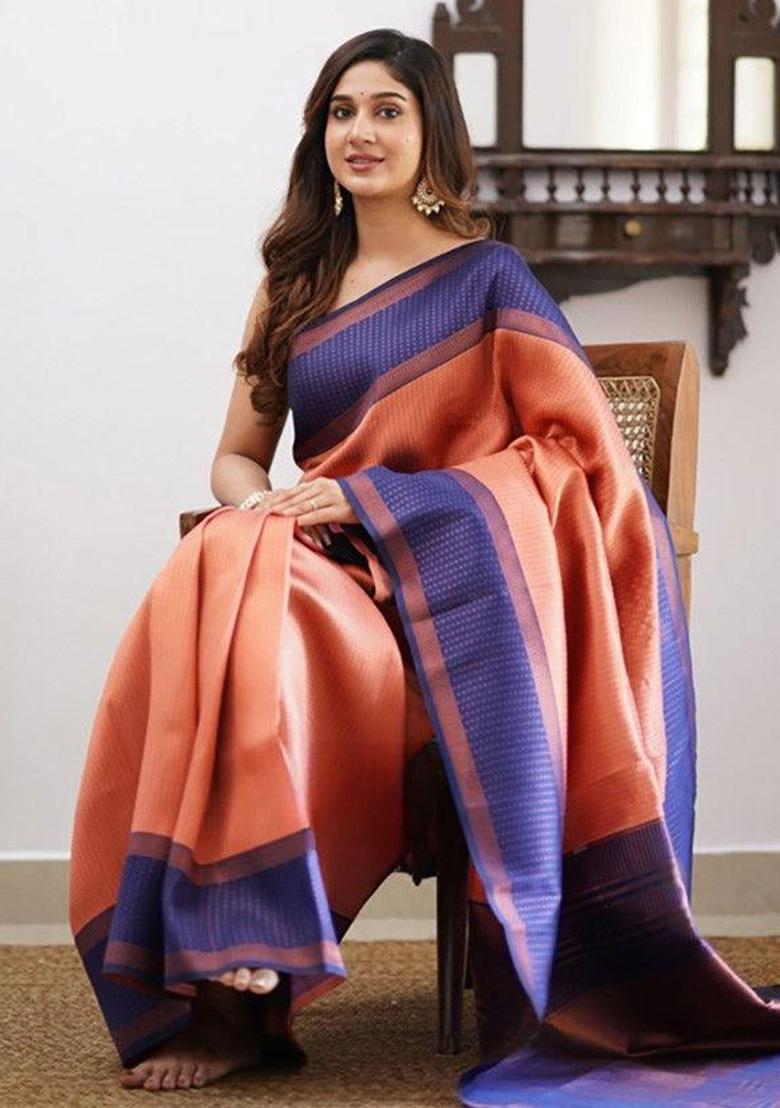 Peach Embroidery Silk Saree With Blouse - Indya