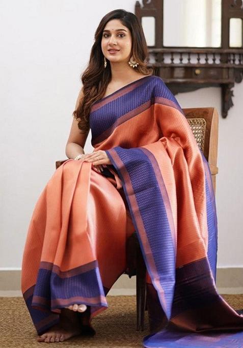 Peach Embroidery Silk Saree With Blouse