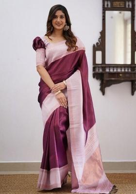 Wine Embroidery Silk Saree With Blouse