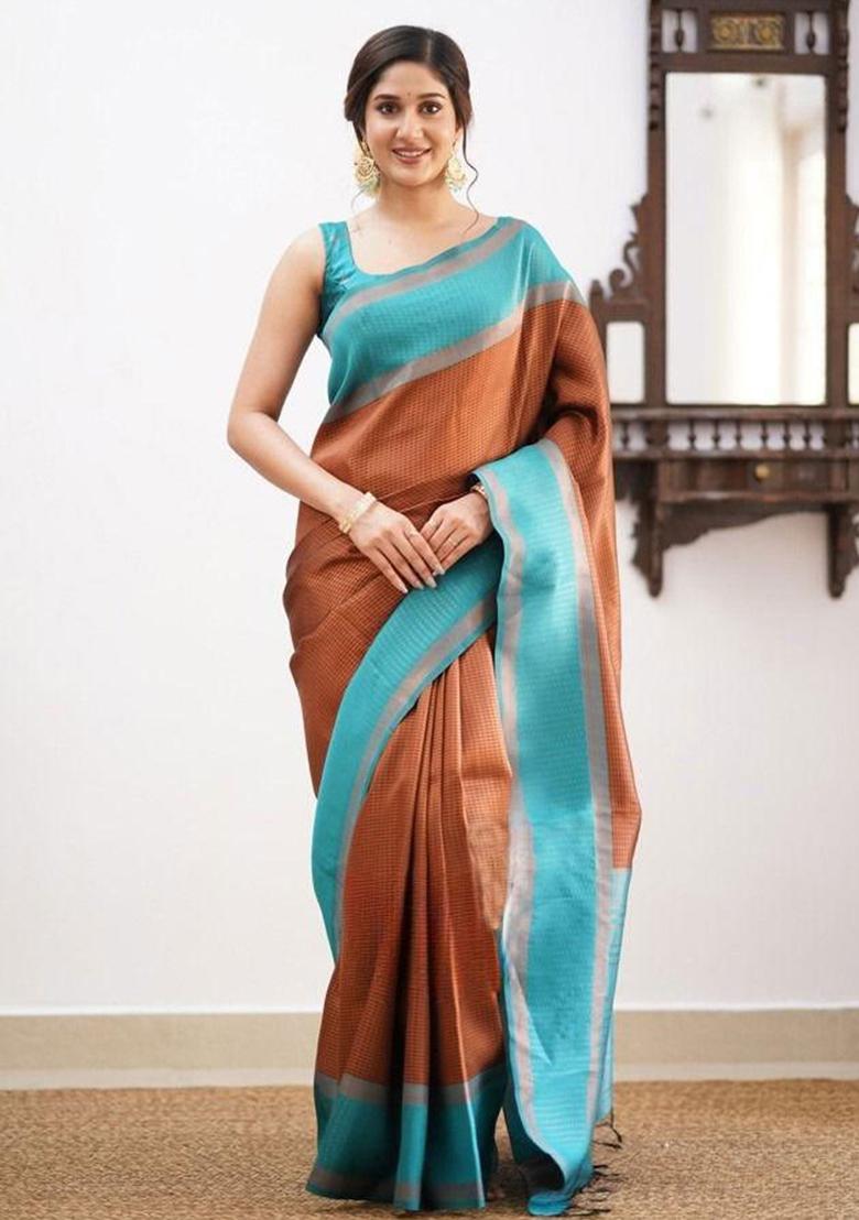 Rust Embroidery Silk Saree With Blouse