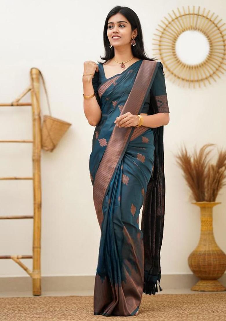 Teal Blue Embroidery Silk Saree With Blouse