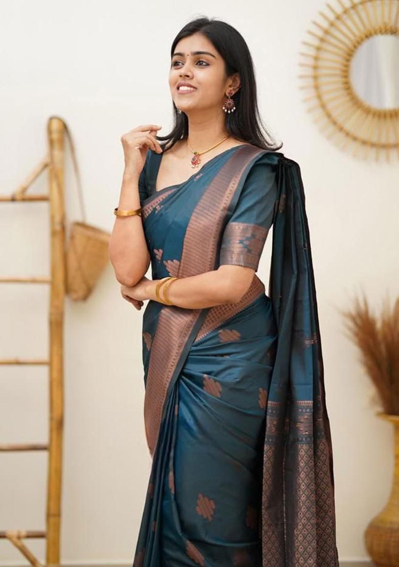 Teal Blue Embroidery Silk Saree With Blouse