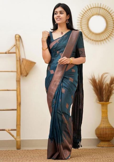 Teal Blue Embroidery Silk Saree With Blouse