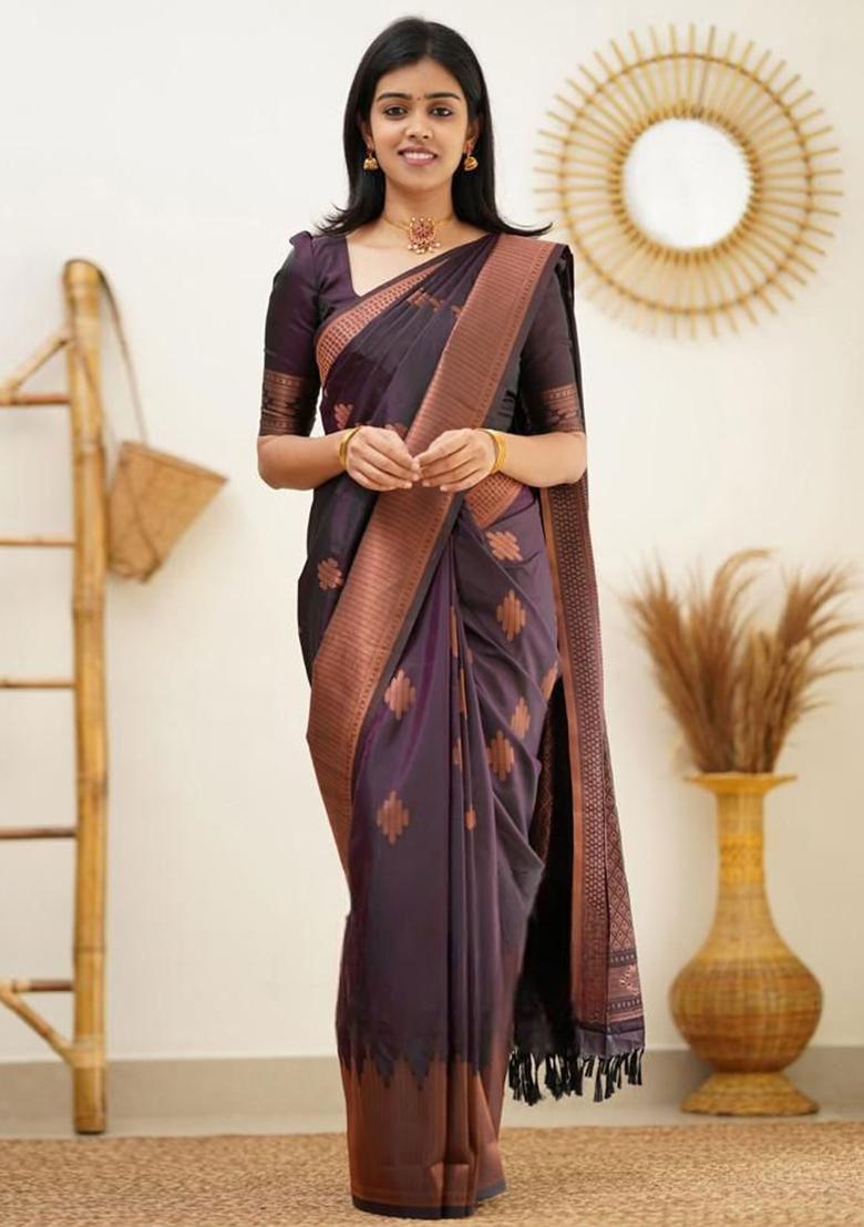 Wine Embroidery Silk Saree With Blouse