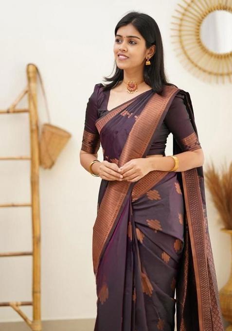 Wine Embroidery Silk Saree With Blouse