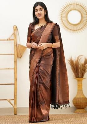 Brown Embroidery Silk Saree With Blouse