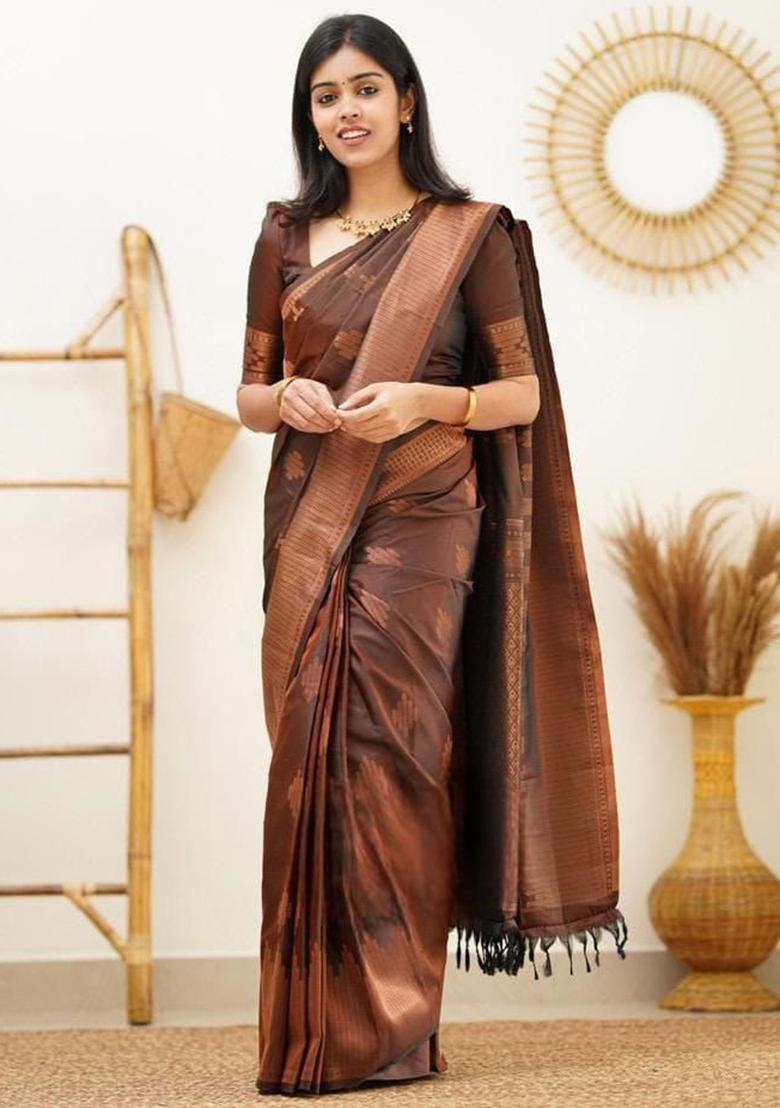 Brown Embroidery Silk Saree With Blouse