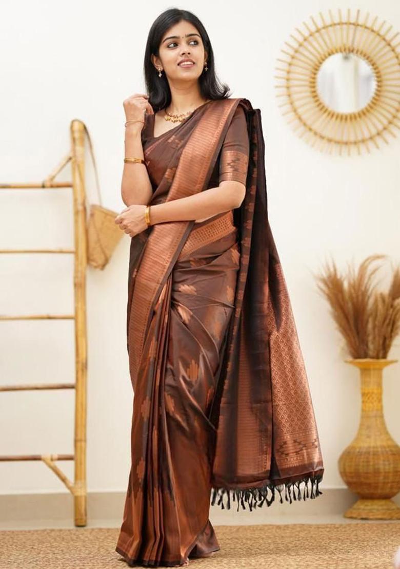Brown Embroidery Silk Saree With Blouse - Indya