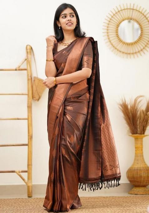 Brown Embroidery Silk Saree With Blouse
