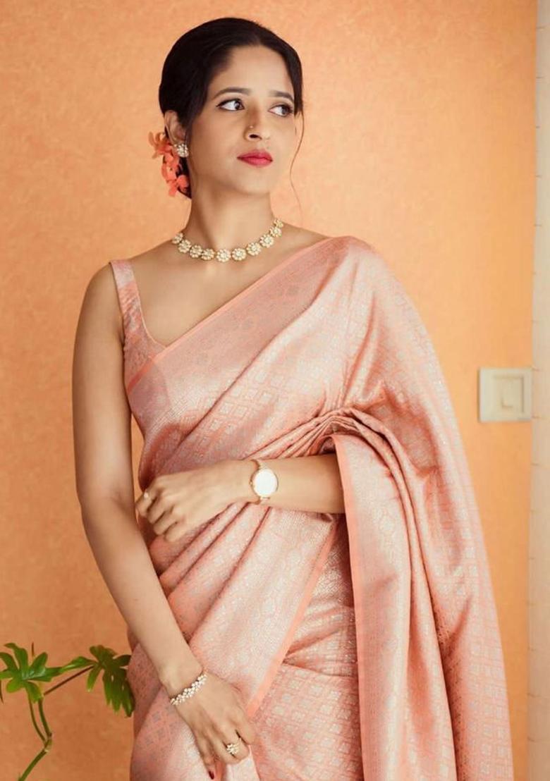 Peach Embroidery Silk Saree With Blouse - Indya