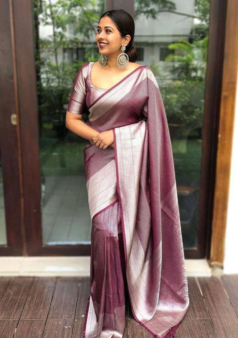 Wine Embroidery Silk Blend Saree With Blouse for Diwali and Festive Wear - Indya