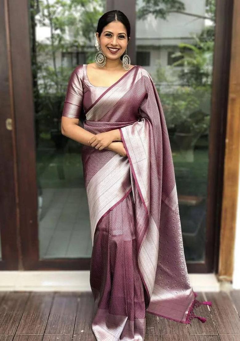 Wine Embroidery Silk Saree With Blouse - Indya