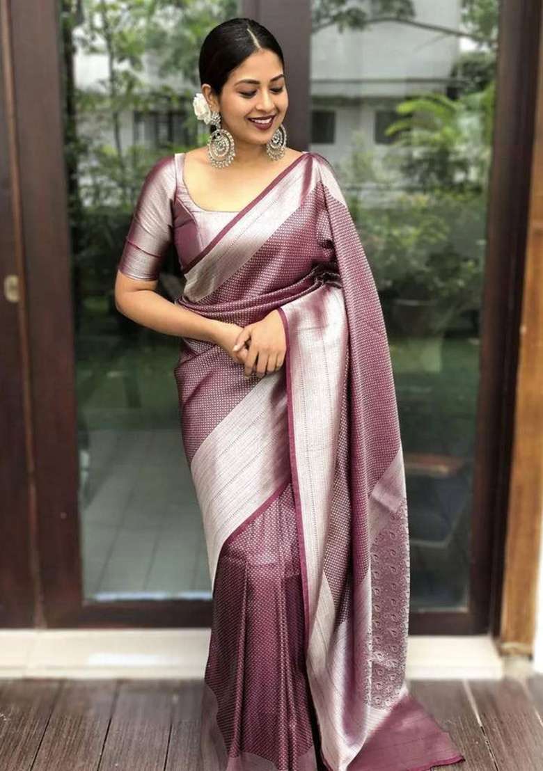 Wine Embroidery Silk Blend Saree With Blouse for Diwali and Festive Wear - Indya