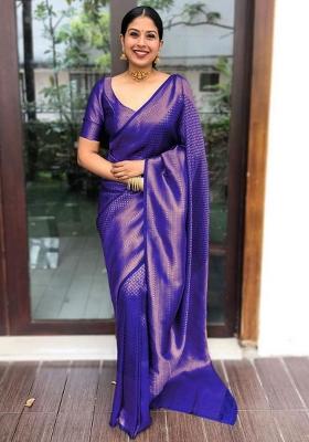 Royal Blue Embroidery Silk Saree With Blouse