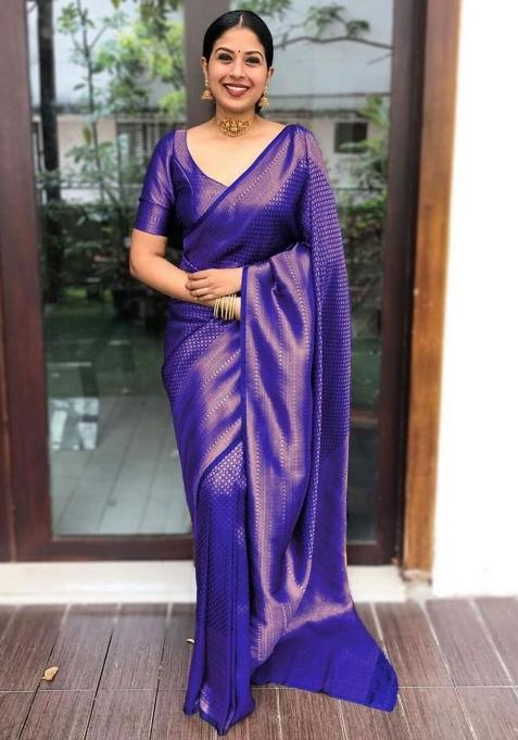 Royal Blue Embroidery Silk Saree With Blouse