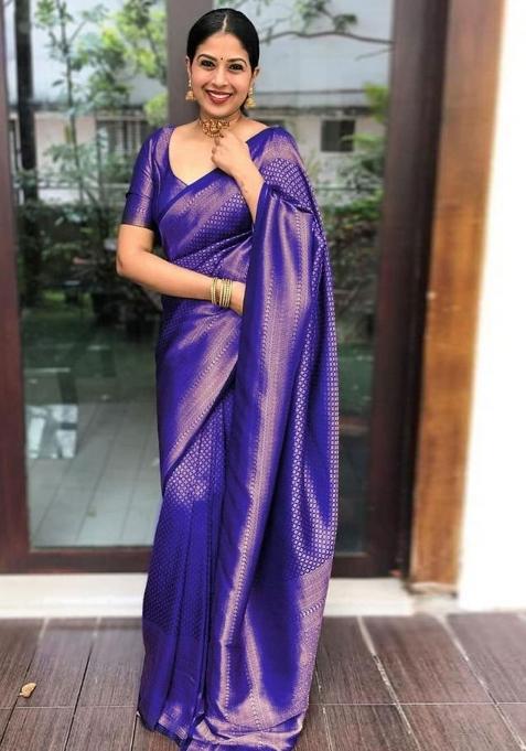 Royal Blue Embroidery Silk Saree With Blouse