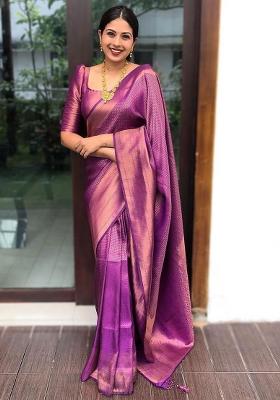 Purple Embroidery Silk Blend Saree With Blouse