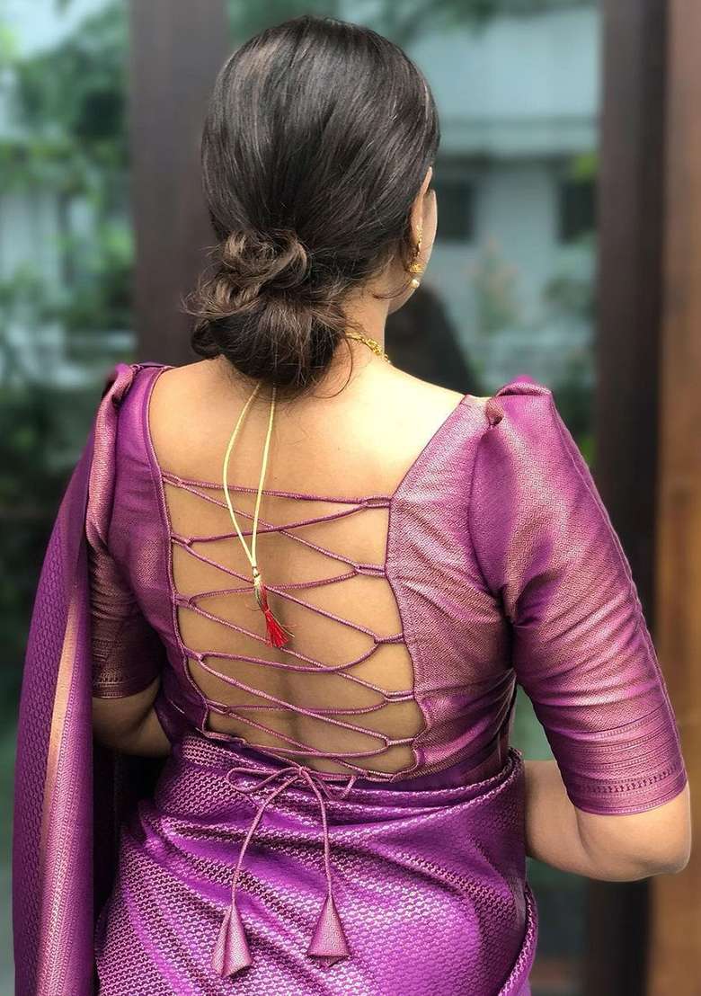 Purple With Blouse Silk Blend Saree with Embroidery for Diwali | Wedding & Festive Wear - Indya