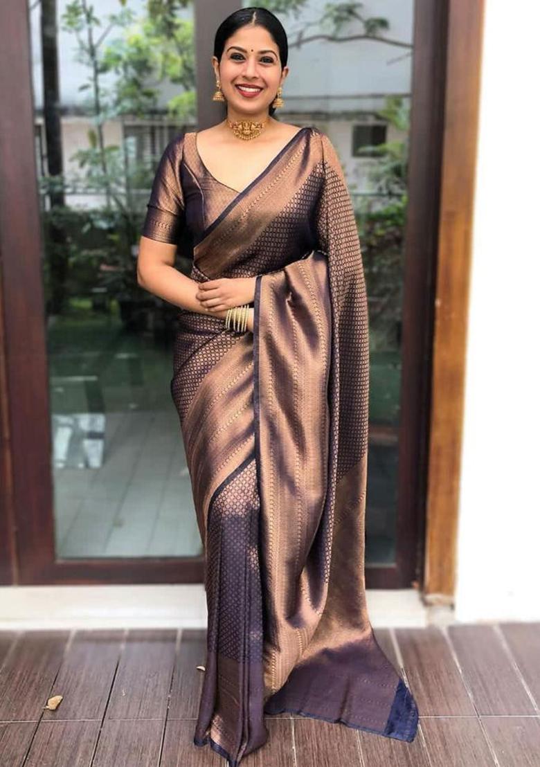 Navy Blue Embroidery Silk Saree With Blouse