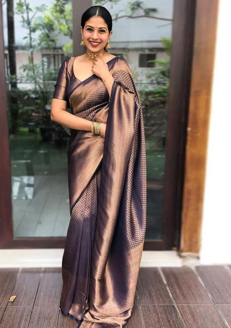 Navy Blue Embroidery Silk Saree With Blouse - Indya