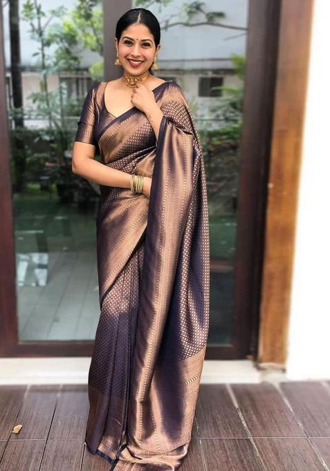 Navy Blue Embroidery Silk Saree With Blouse