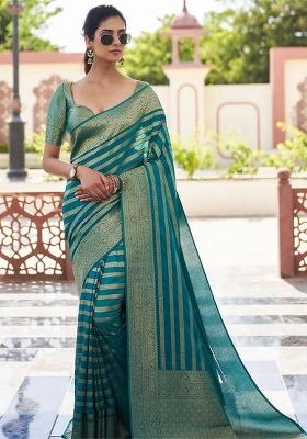 Teal Blue Embroidery Silk Saree With Blouse
