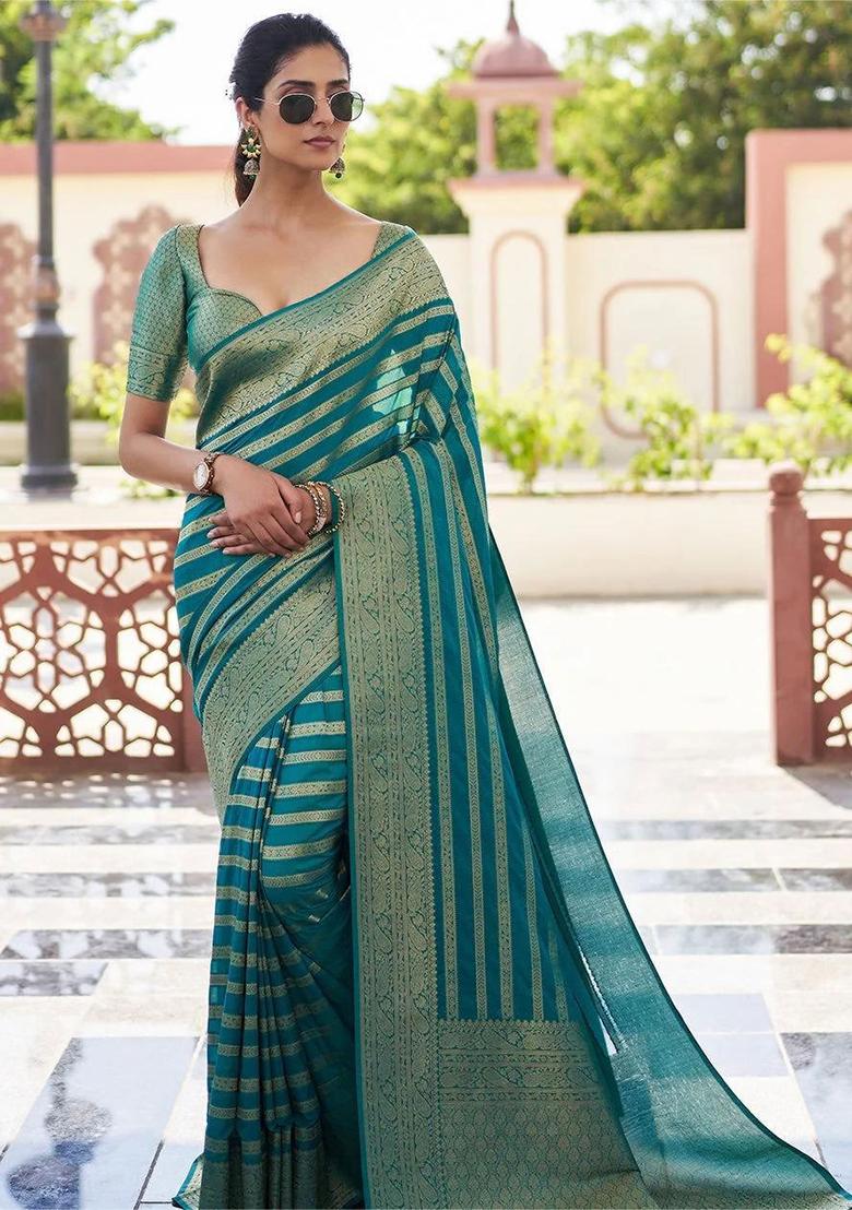 Teal Blue Embroidery Silk Saree With Blouse