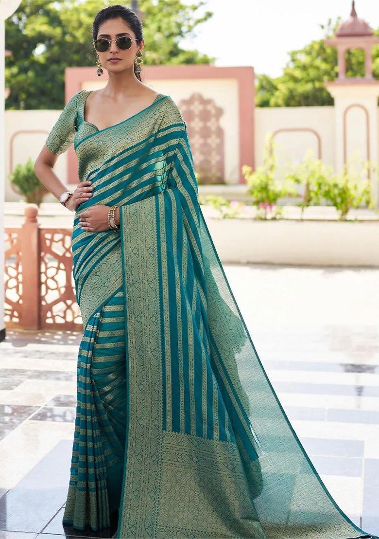 Teal Blue Embroidery Silk Saree With Blouse