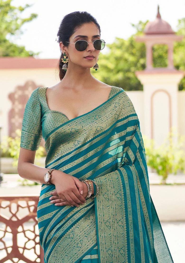 Teal Blue Embroidery Silk Saree With Blouse