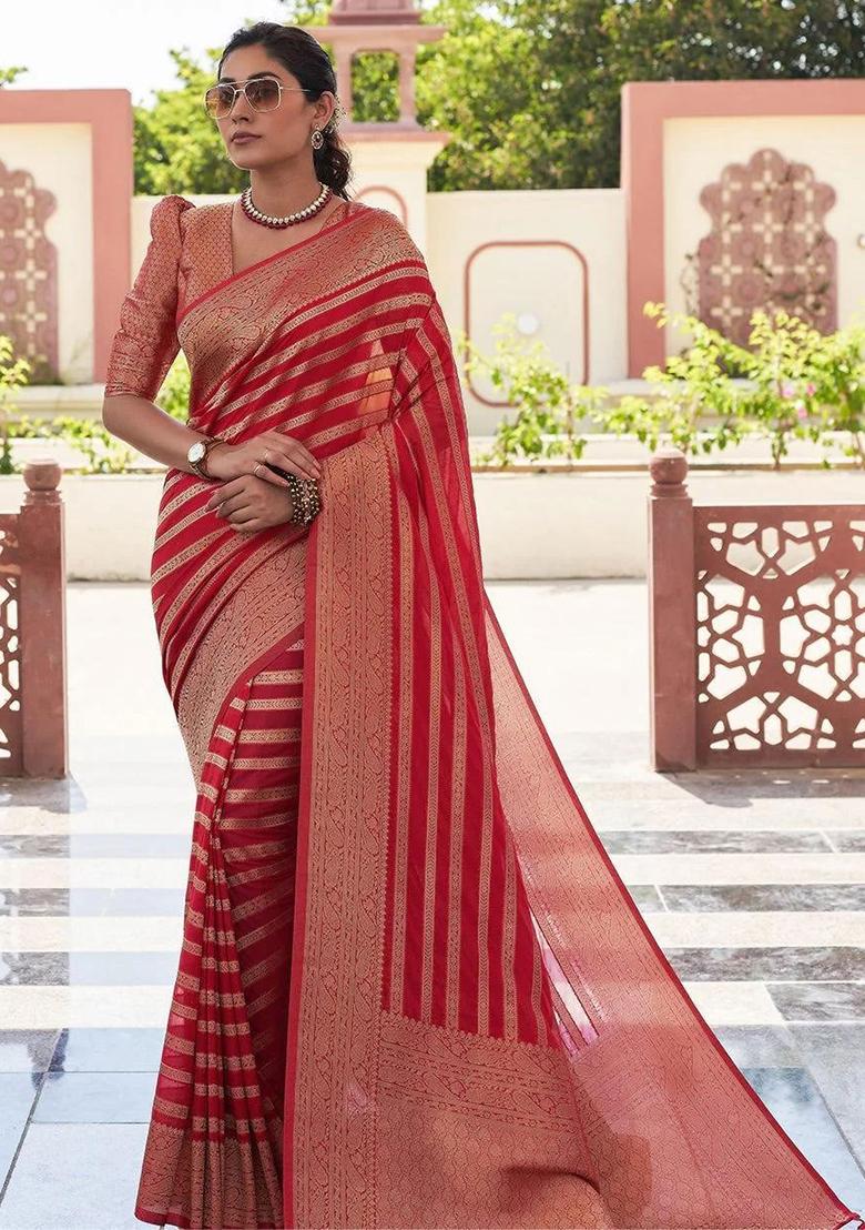 Red Embroidery Silk Saree With Blouse
