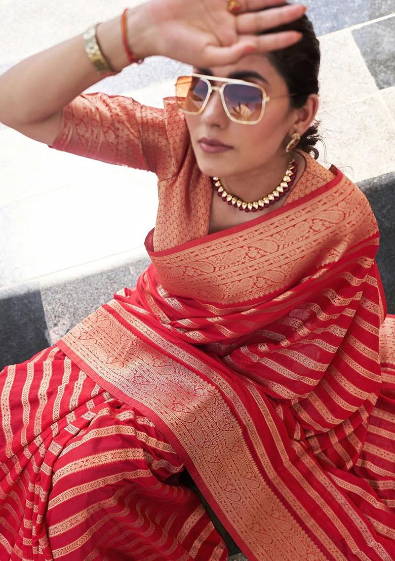 Red Embroidery Silk Saree With Blouse