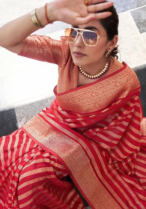 Red Embroidery Silk Saree With Blouse