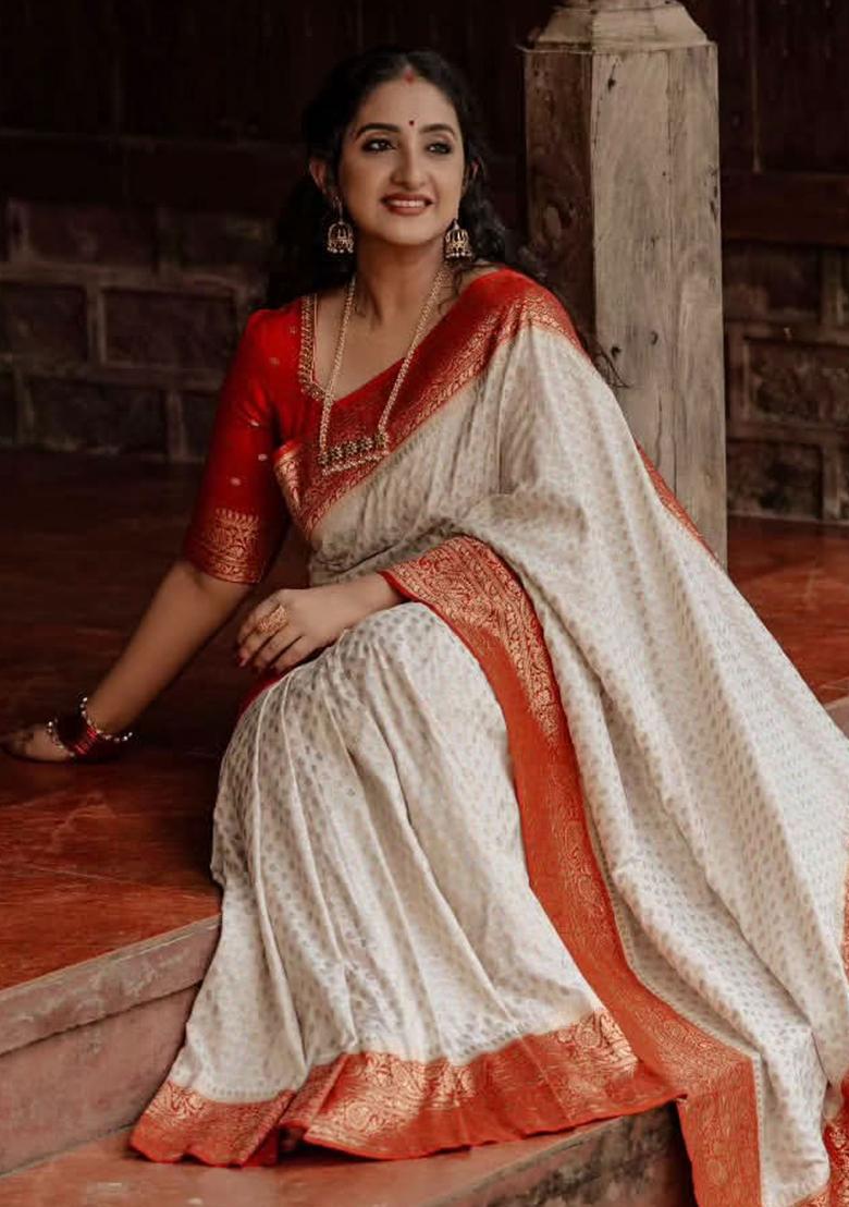 Off White Embroidery Silk Saree With Blouse - Indya