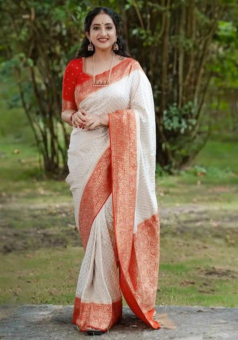Off White Embroidery Silk Saree With Blouse