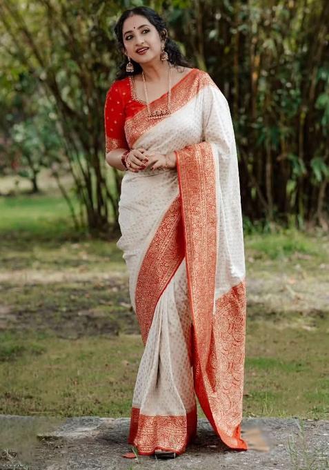 Off White Embroidery Silk Saree With Blouse