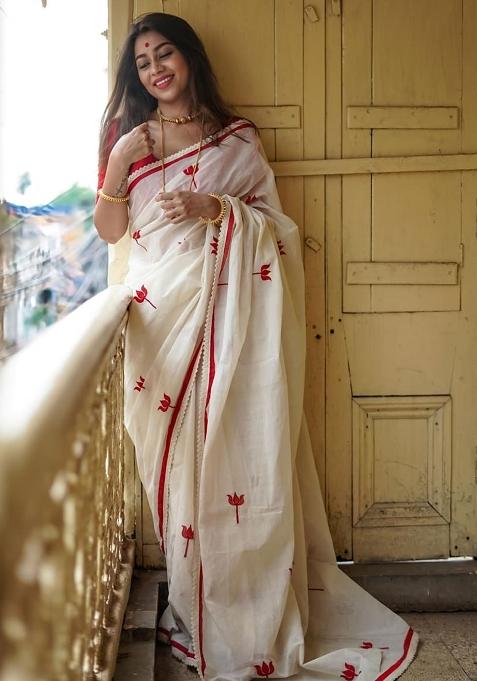 White Embroidery Linen Saree With Blouse