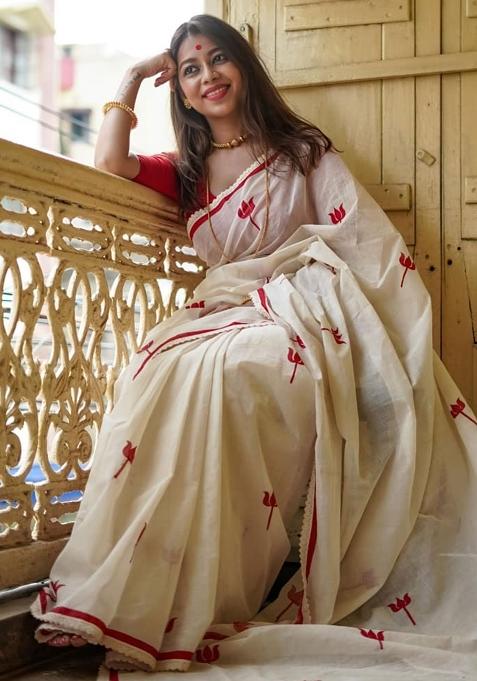 White Embroidery Linen Saree With Blouse