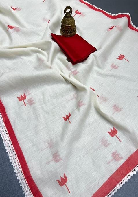 White Embroidery Linen Saree With Blouse
