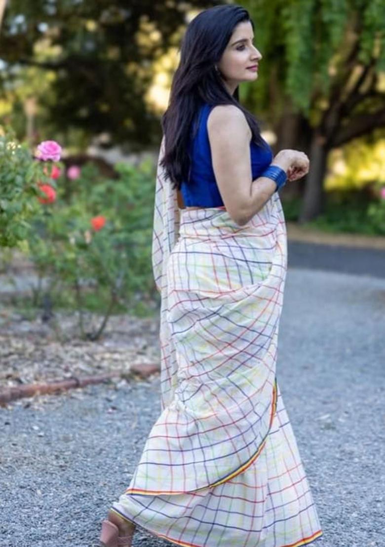 Multicolor Embroidery Linen Saree With Blouse