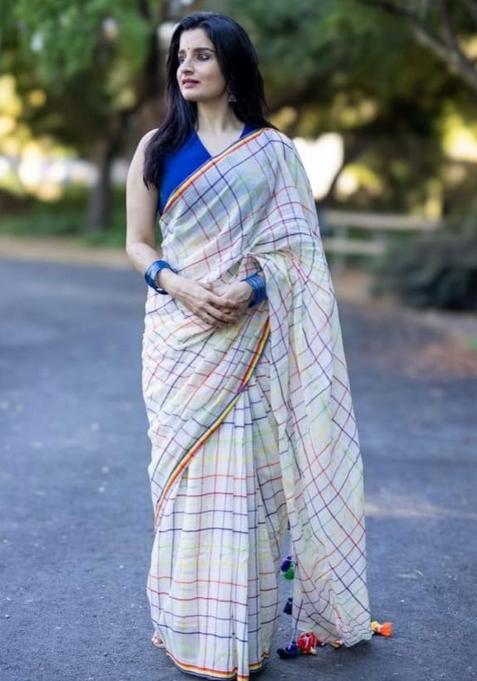 Multicolor Embroidery Linen Saree With Blouse