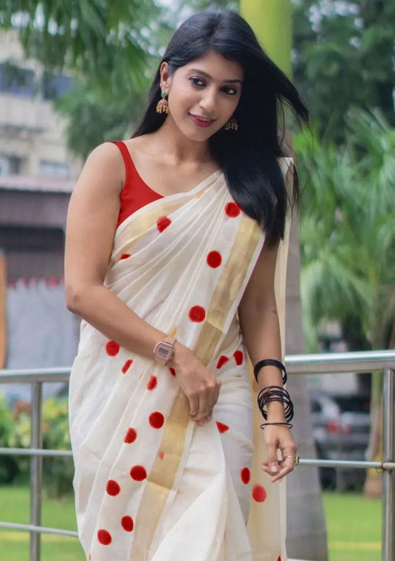 White Embroidery Linen Saree With Blouse